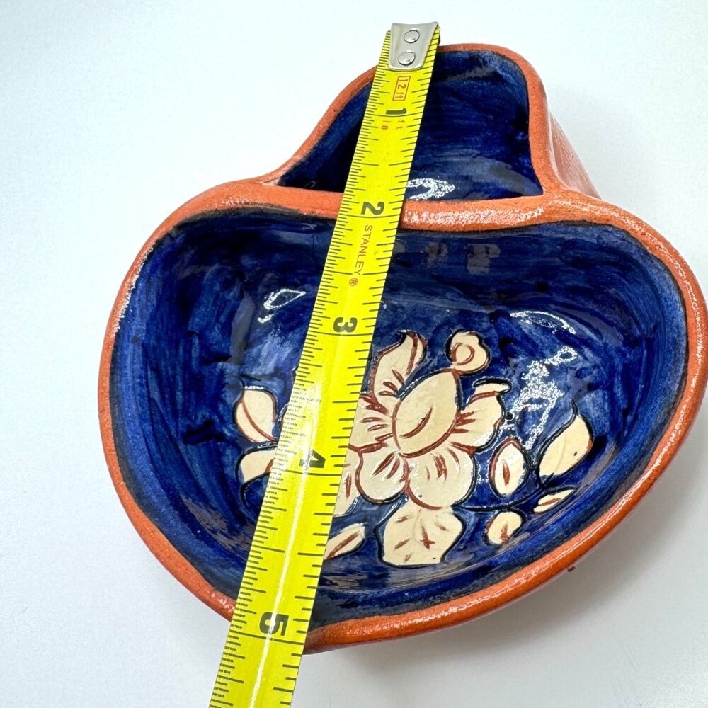 Portuguese Pottery Clay Terracotta Mini Blue Floral Olive Dish Hand-painted (2) - Picture 2 of 7